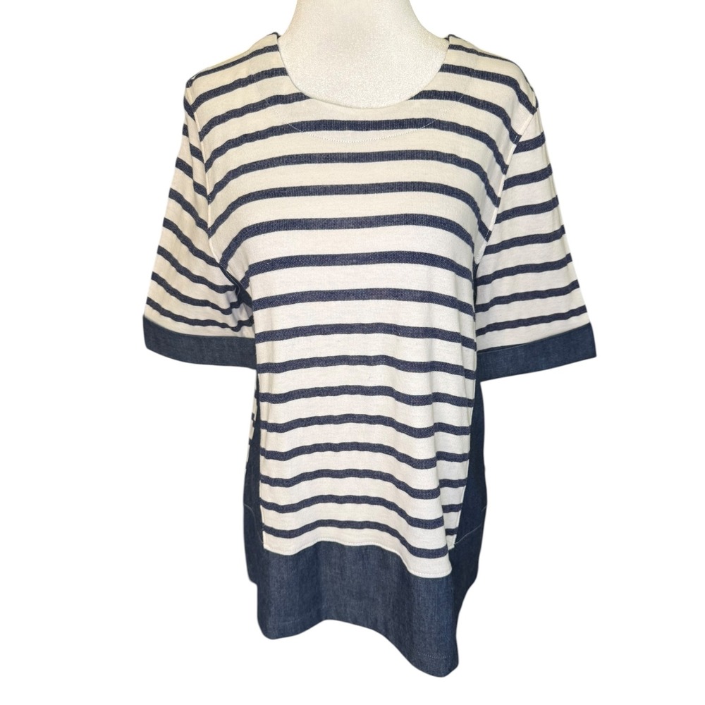 AG‎ Adriano Goldschmied Striped Denim Contrast Zip Back Top Navy White Medium